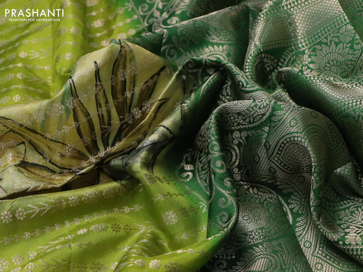 Semi raw silk saree pale yellow and lime green with allover zari weaves & floral digital prints and zari woven border - Image 3