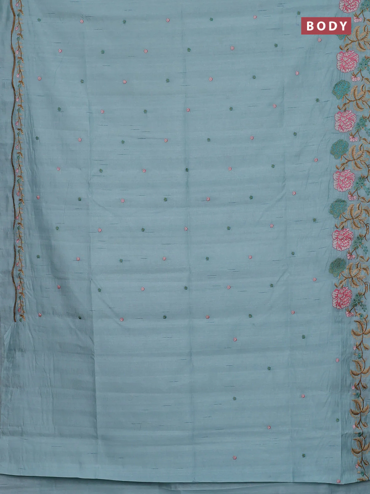 Semi raw silk saree pastel blue with embroidery buttas and floral embroidery border - Image 2