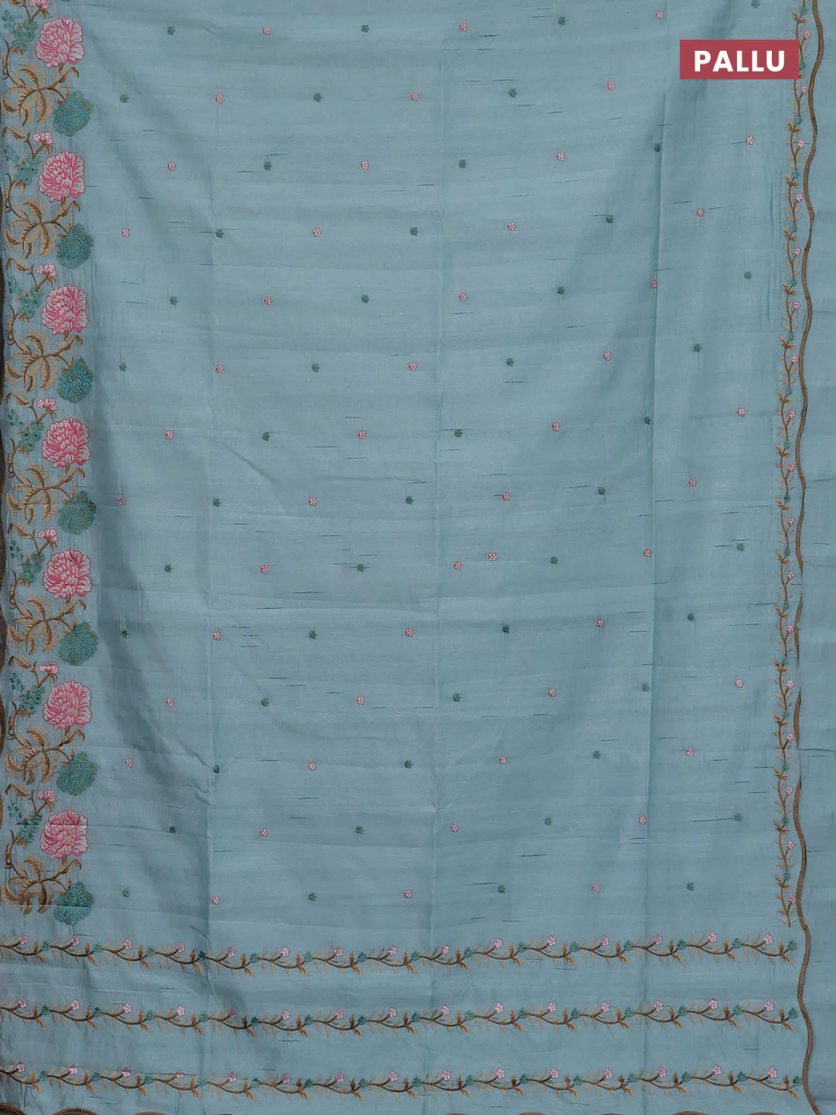 Semi raw silk saree pastel blue with embroidery buttas and floral embroidery border - Image 3