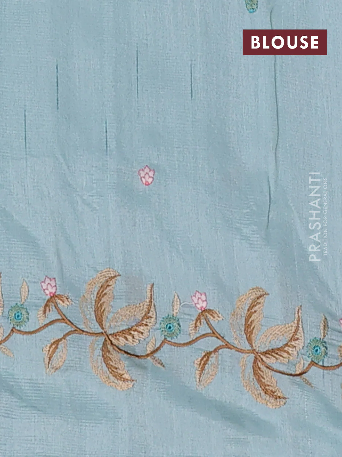 Semi raw silk saree pastel blue with embroidery buttas and floral embroidery border - Image 4