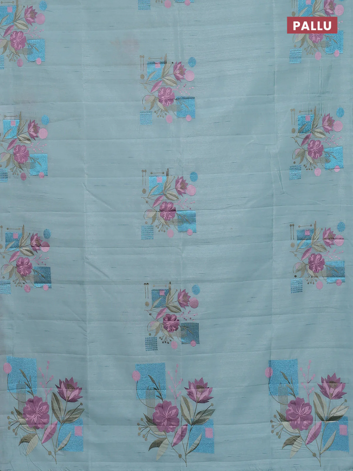 Semi raw silk saree pastel blue with embroidery buttas in borderless style - Image 3