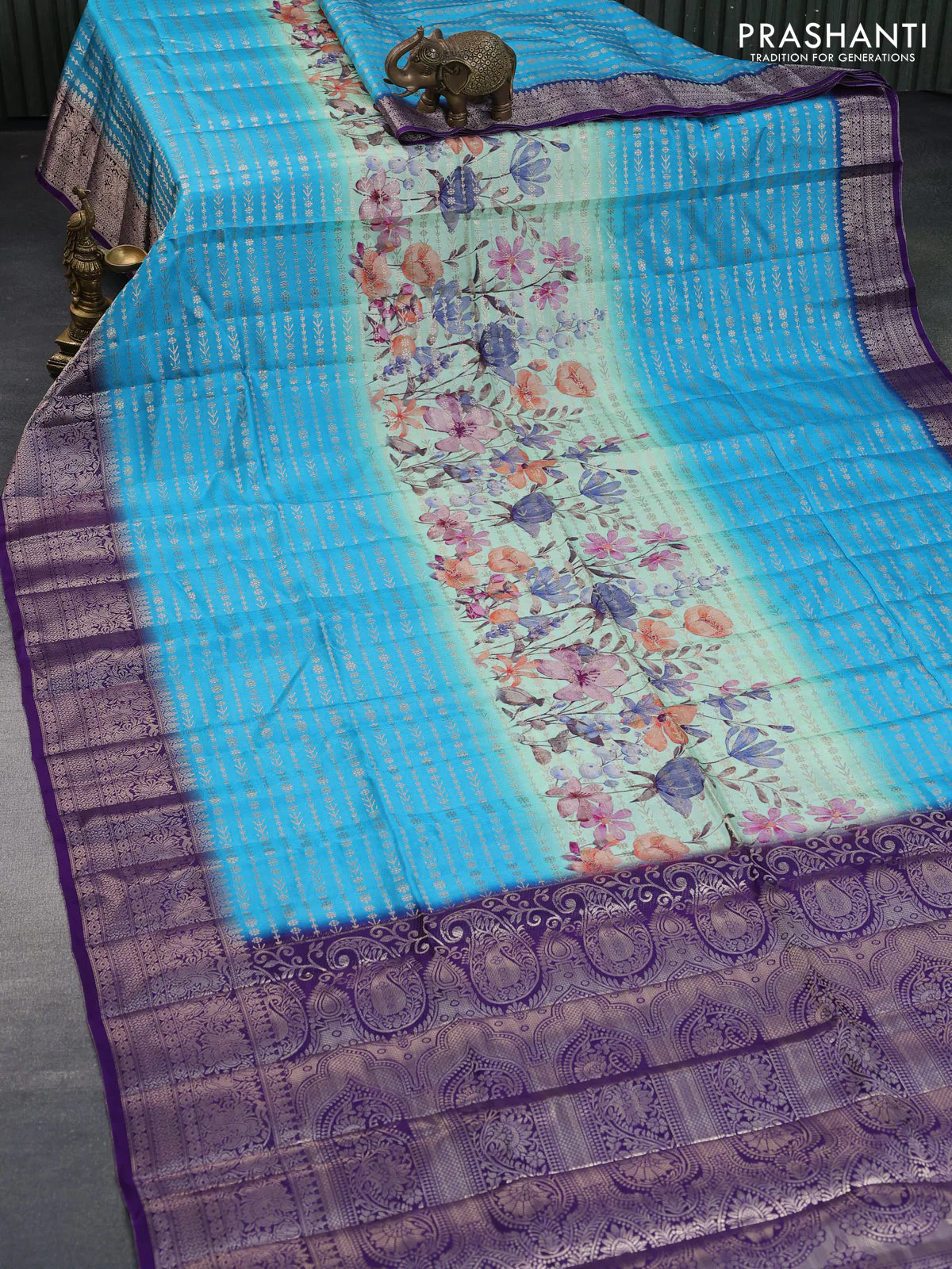 Semi raw silk saree pastel green and cs blue violet with allover zari weaves & floral digital prints and zari woven border