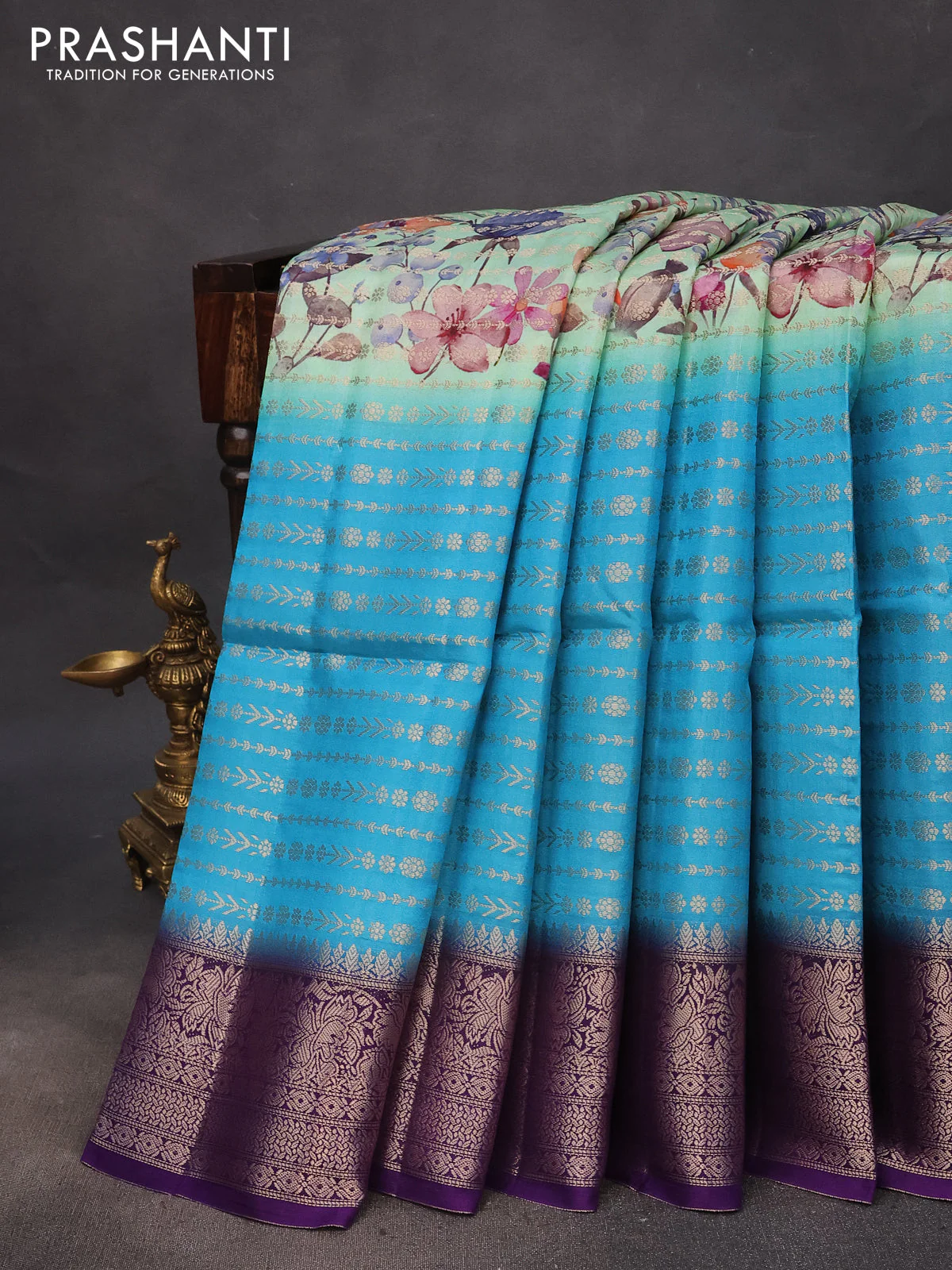 Semi raw silk saree pastel green and cs blue violet with allover zari weaves & floral digital prints and zari woven border - Image 2