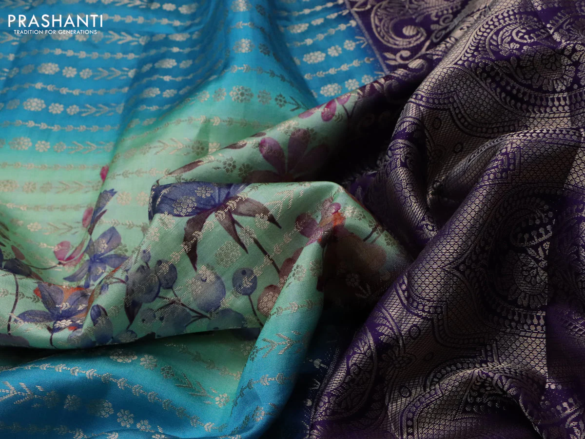Semi raw silk saree pastel green and cs blue violet with allover zari weaves & floral digital prints and zari woven border - Image 3