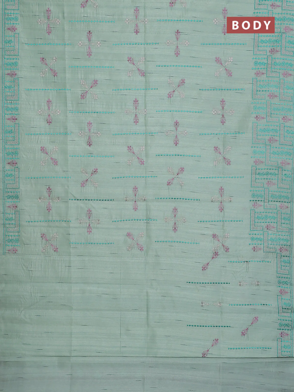 Semi raw silk saree pastel green shade with allover embroidery work and embroidery border - Image 2