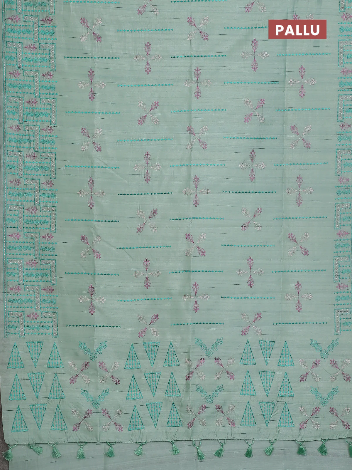 Semi raw silk saree pastel green shade with allover embroidery work and embroidery border - Image 3