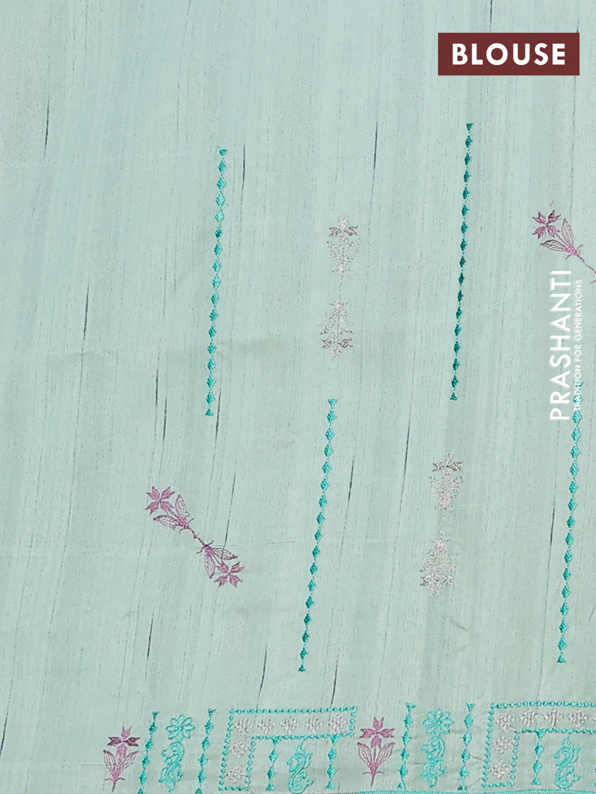 Semi raw silk saree pastel green shade with allover embroidery work and embroidery border - Image 4