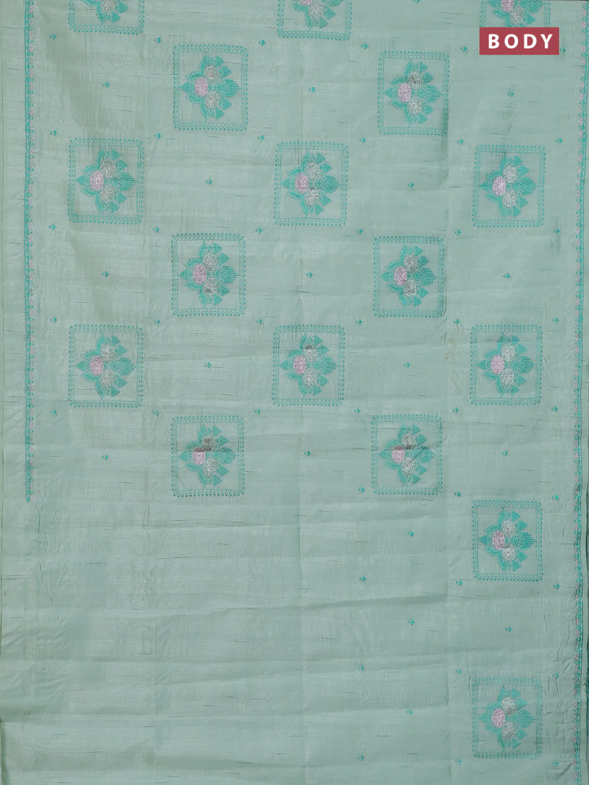 Semi raw silk saree pastel green with allover embroidery buttas and embroidery border - Image 2