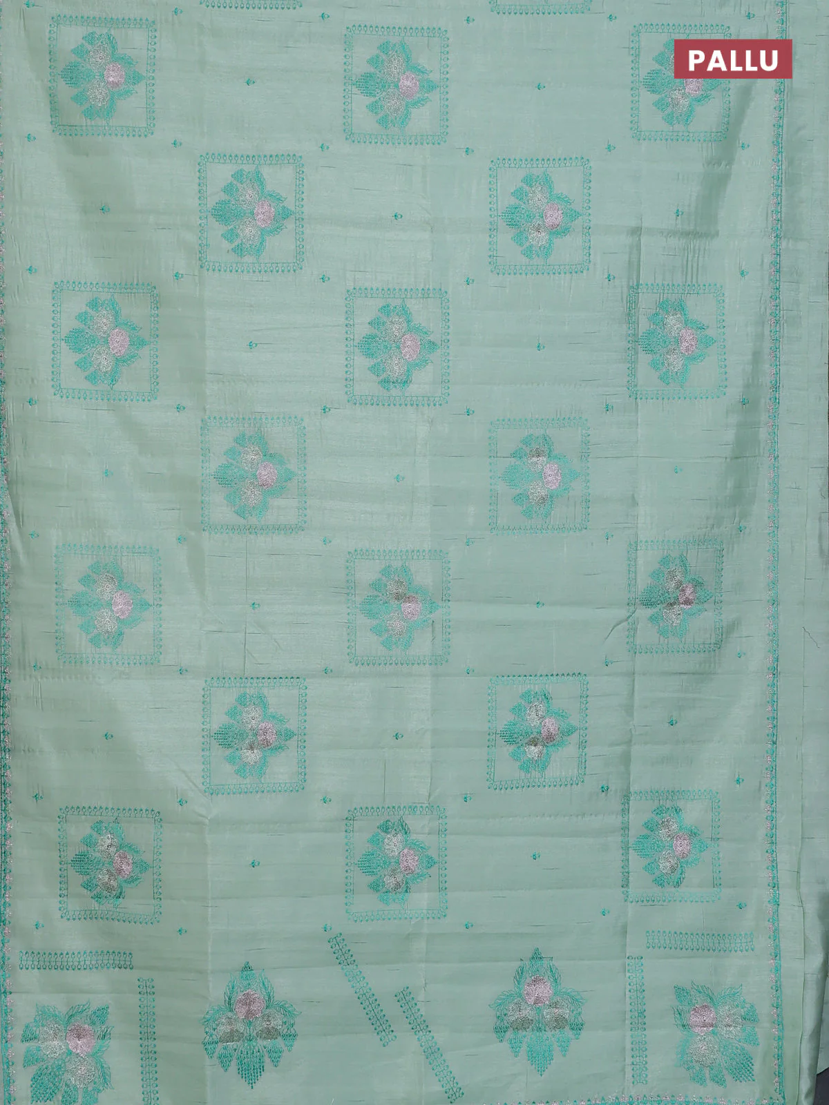 Semi raw silk saree pastel green with allover embroidery buttas and embroidery border - Image 3