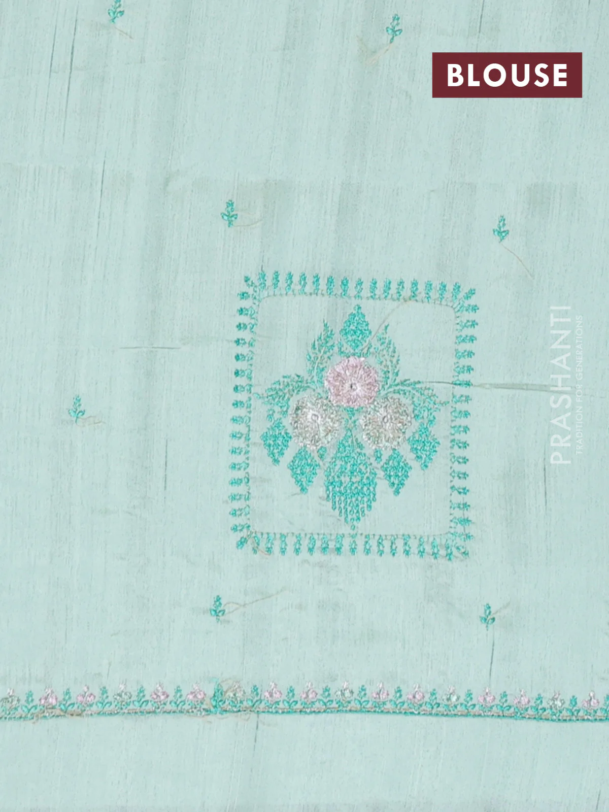 Semi raw silk saree pastel green with allover embroidery buttas and embroidery border - Image 4