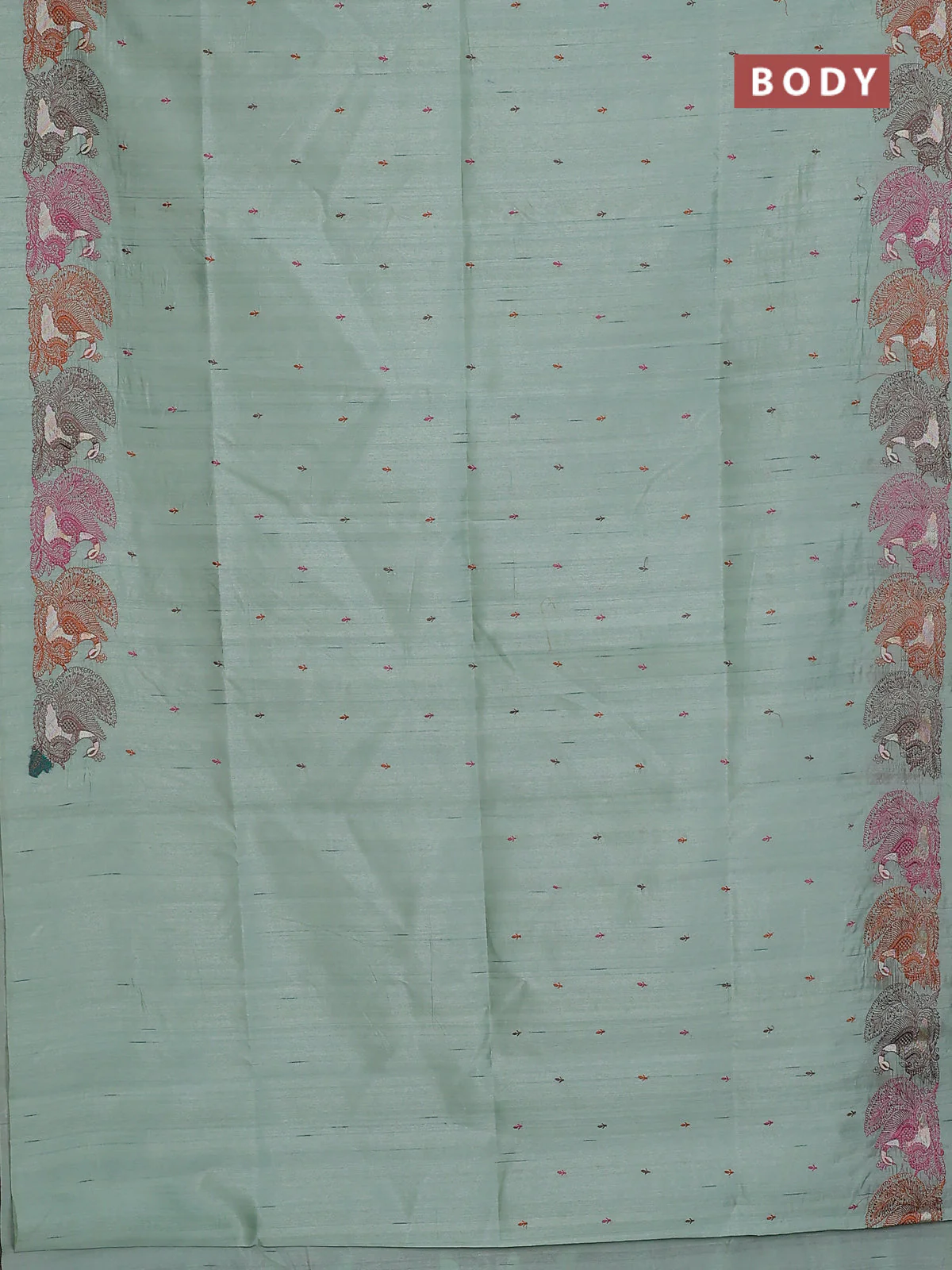 Semi raw silk saree pastel green with allover embroidery work and peacock embroidery border - Image 2