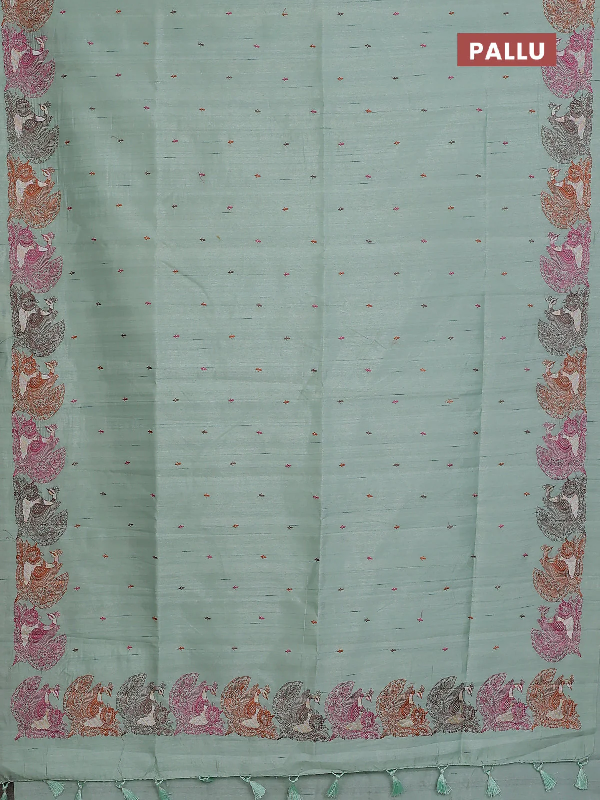 Semi raw silk saree pastel green with allover embroidery work and peacock embroidery border - Image 3