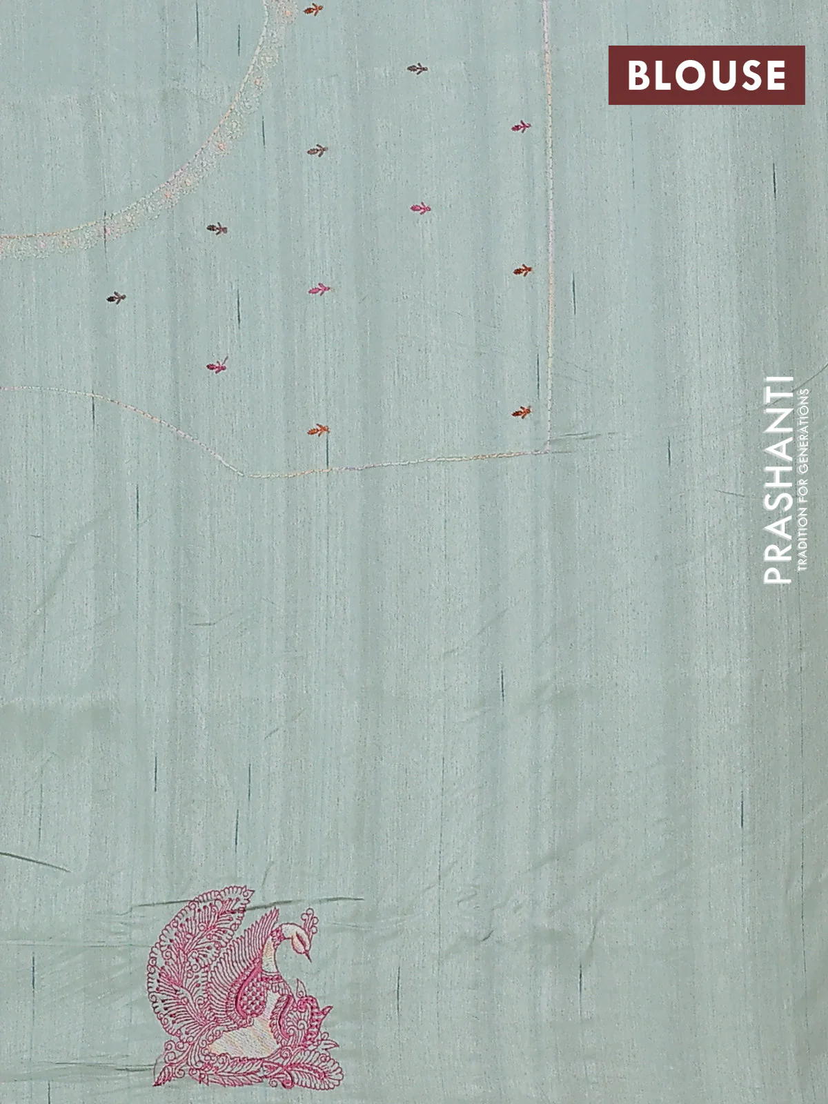 Semi raw silk saree pastel green with allover embroidery work and peacock embroidery border - Image 4