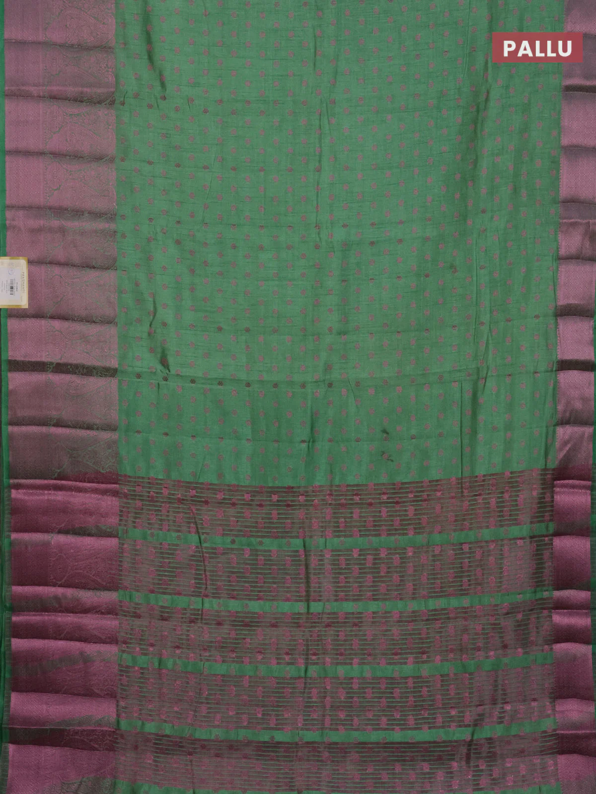 Semi raw silk saree pastel green with allover pink zari woven buttas and paisley design pink zari woven border - Image 3