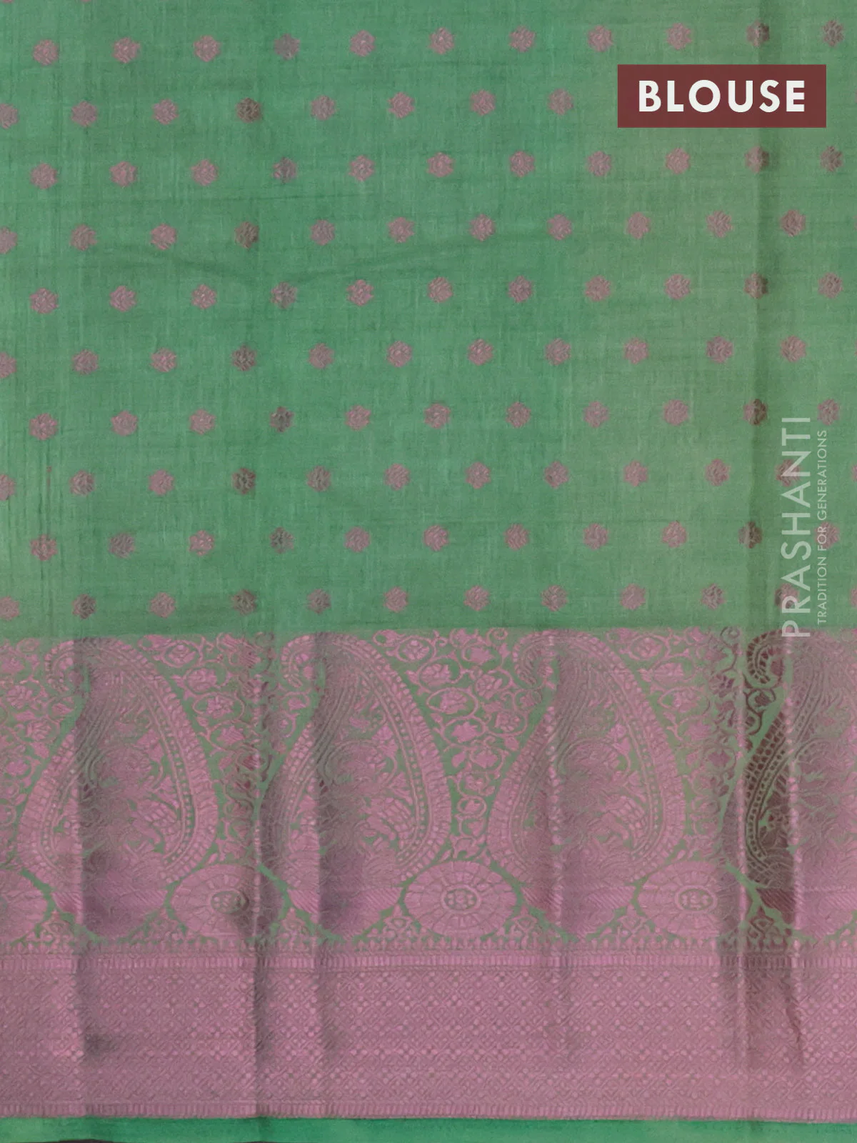 Semi raw silk saree pastel green with allover pink zari woven buttas and paisley design pink zari woven border - Image 4