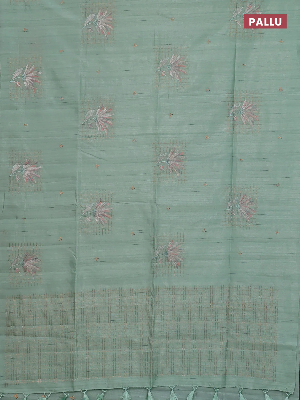 Semi raw silk saree pastel green with embroidery buttas and embroidery butta border - Image 3