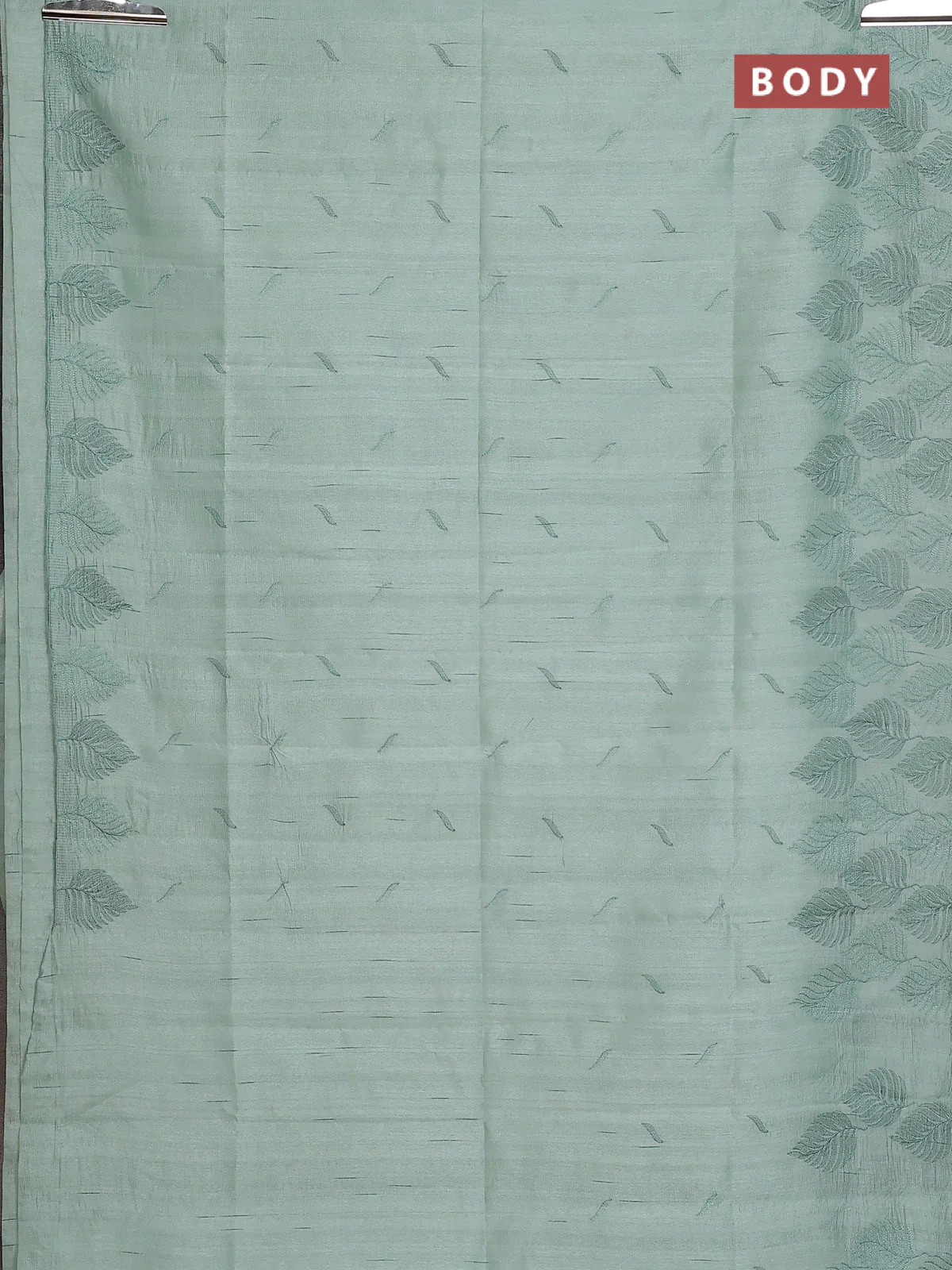 Semi raw silk saree pastel green with embroidery buttas and leaf embroidery border - Image 2