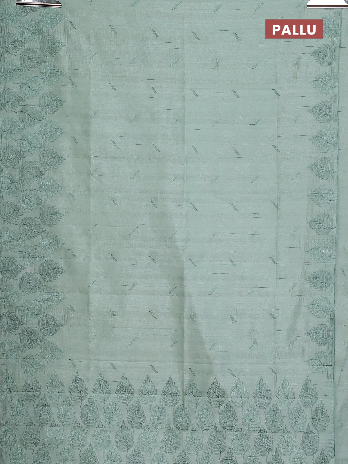 Semi raw silk saree pastel green with embroidery buttas and leaf embroidery border - Image 3