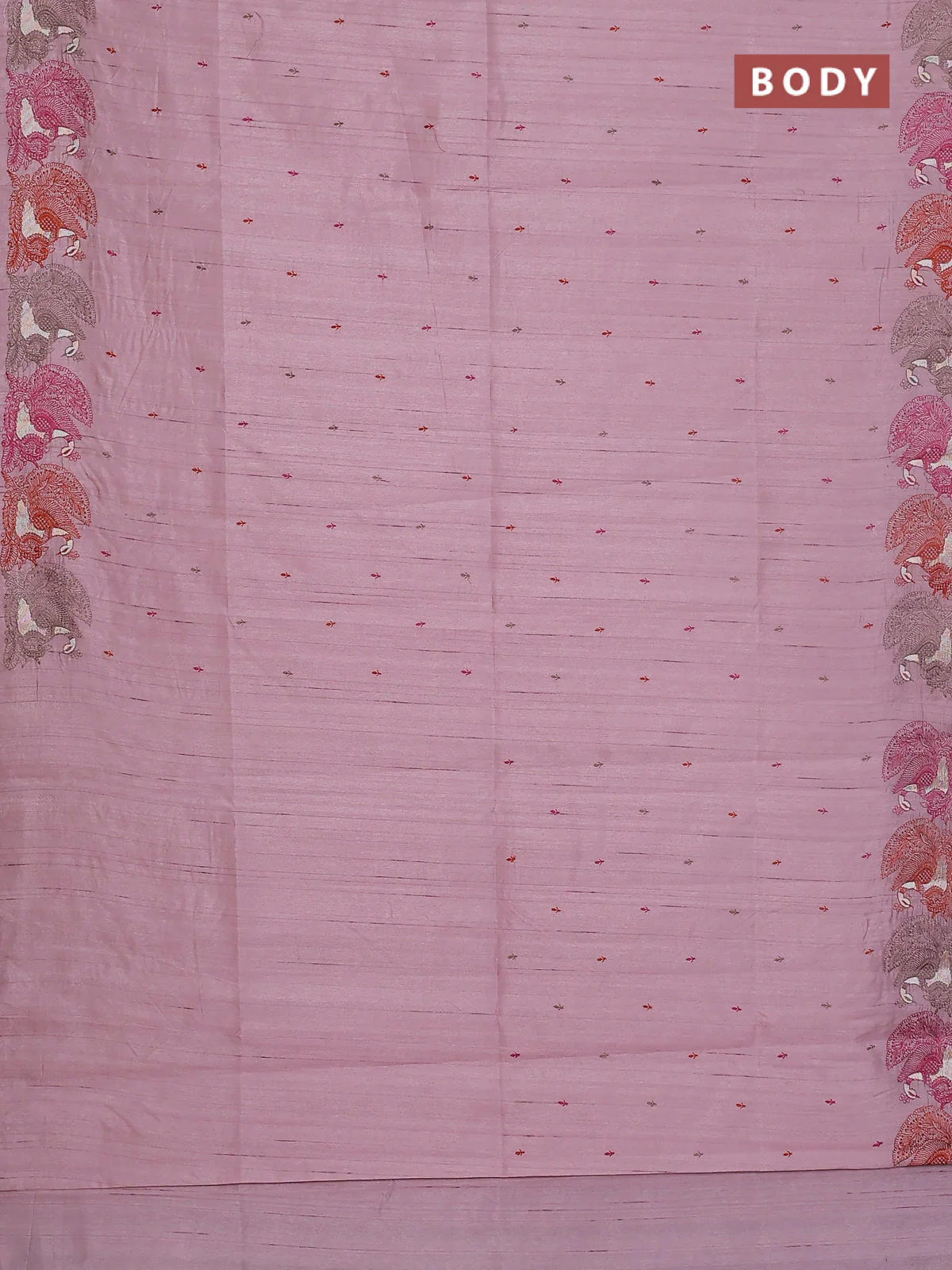 Semi raw silk saree pastel pink with allover embroidery work and peacock embroidery border - Image 2