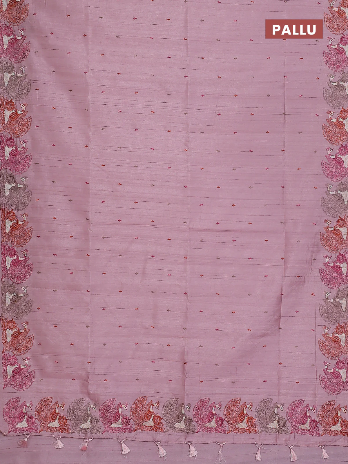 Semi raw silk saree pastel pink with allover embroidery work and peacock embroidery border - Image 3