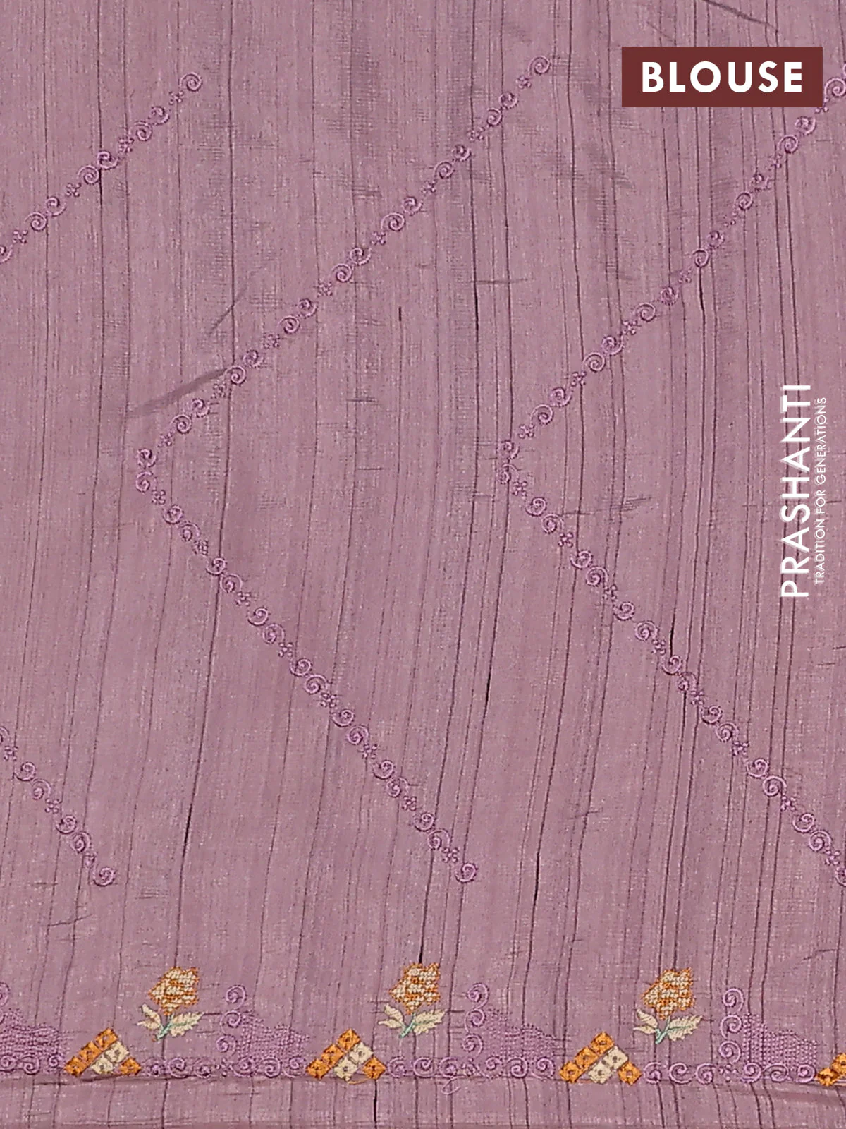Semi raw silk saree pastel purple shade with allover embrodery work and embroidery border - Image 4