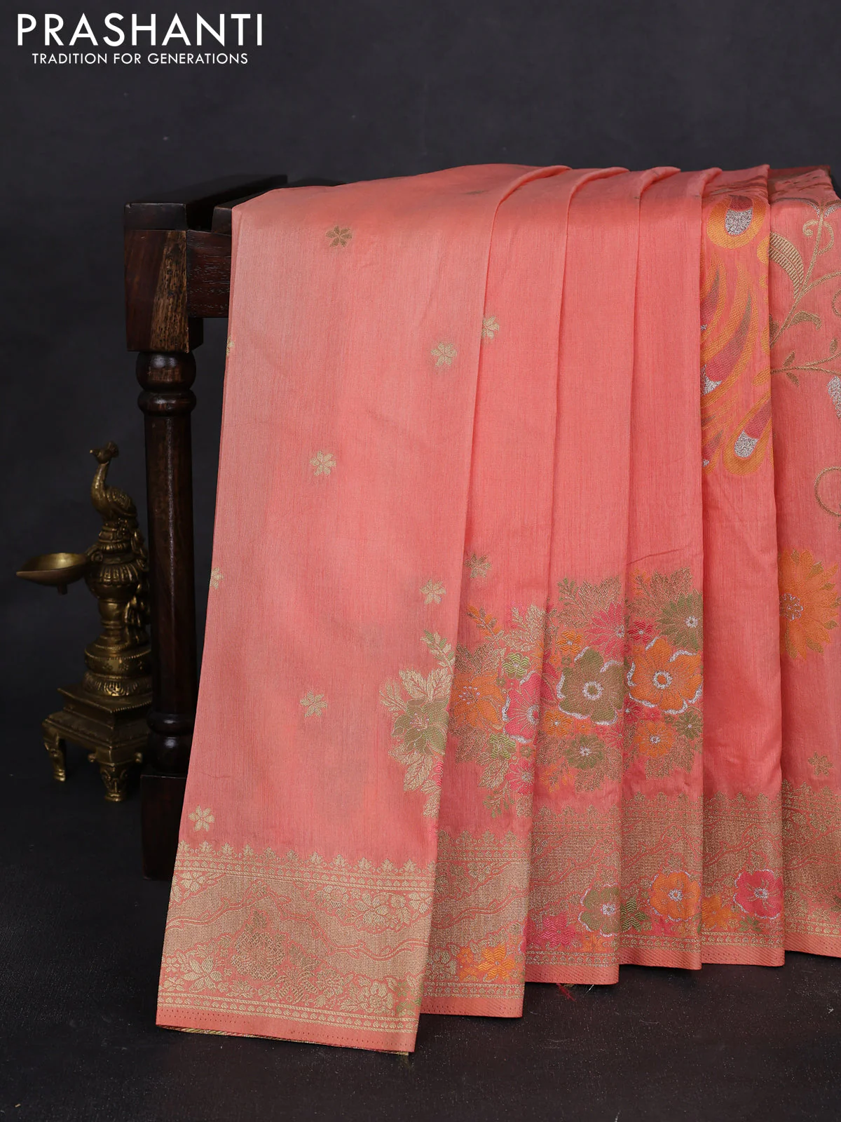 Semi raw silk saree peach orange and allover jamdhani weaves and zari woven border - Image 2