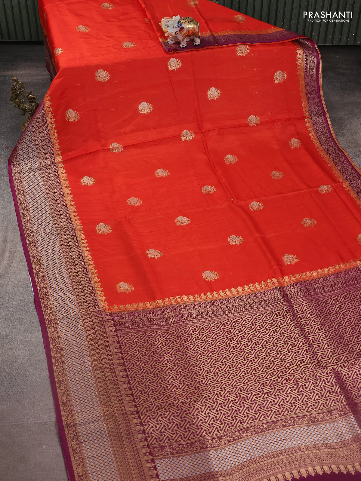 Semi raw silk saree peach orange and purple with silver & gold flower zari woven buttas and zari woven border - Image 2