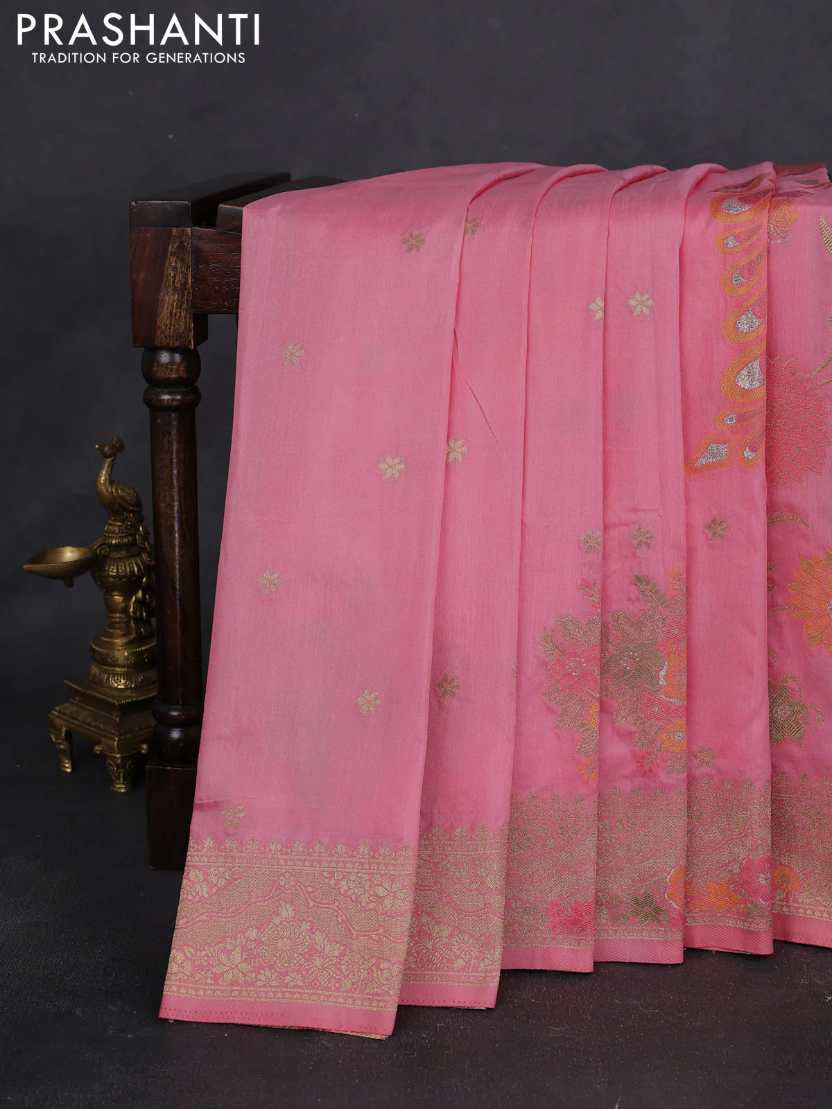 Semi raw silk saree peach pink and allover jamdhani weaves and zari woven border - Image 2