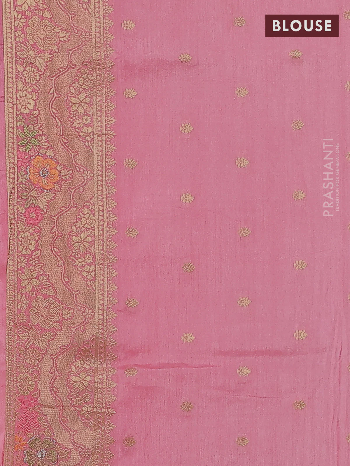 Semi raw silk saree peach pink and allover jamdhani weaves and zari woven border - Image 3