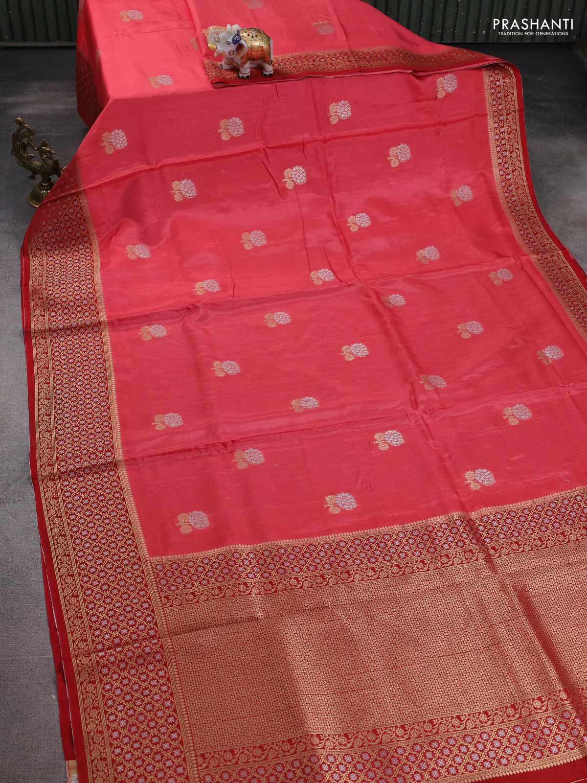 Semi raw silk saree peach pink and red with silver & gold zari woven buttas and zari woven border - Image 2