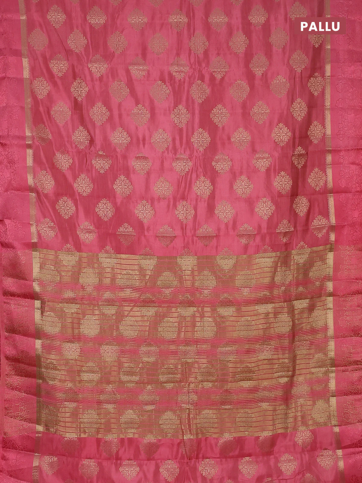 Semi raw silk saree peach pink with zari woven buttas and zari woven simple border - Image 3