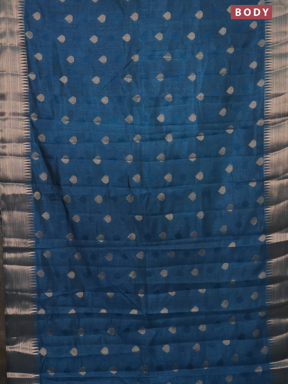 Semi raw silk saree peacock blue with thread & zari woven buttas and temple design zari woven border - Image 2