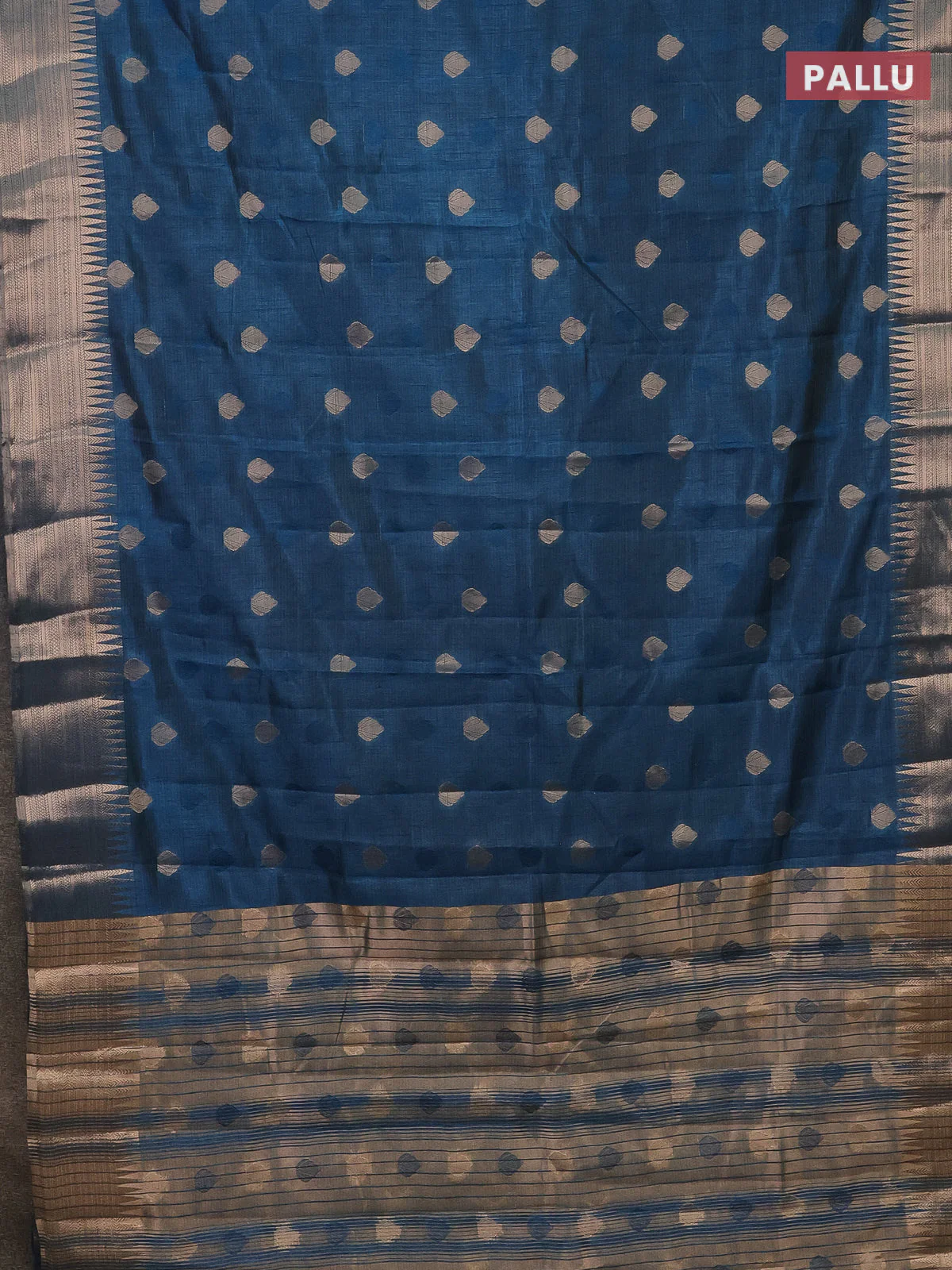 Semi raw silk saree peacock blue with thread & zari woven buttas and temple design zari woven border - Image 3