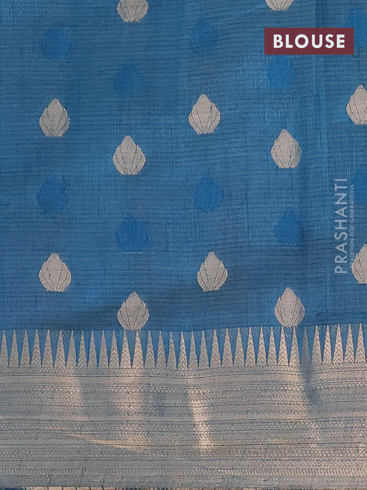 Semi raw silk saree peacock blue with thread & zari woven buttas and temple design zari woven border - Image 4