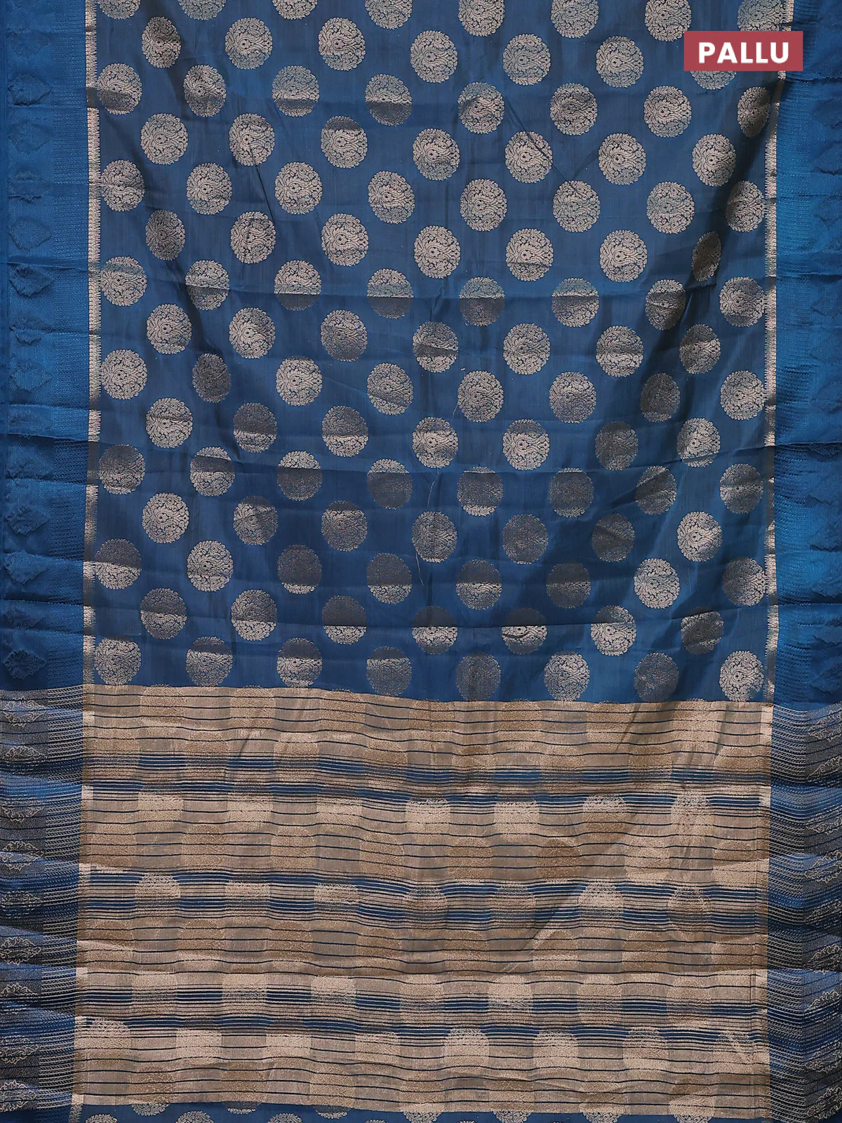 Semi raw silk saree peacock blue with zari woven buttas and zari woven simple border - Image 3
