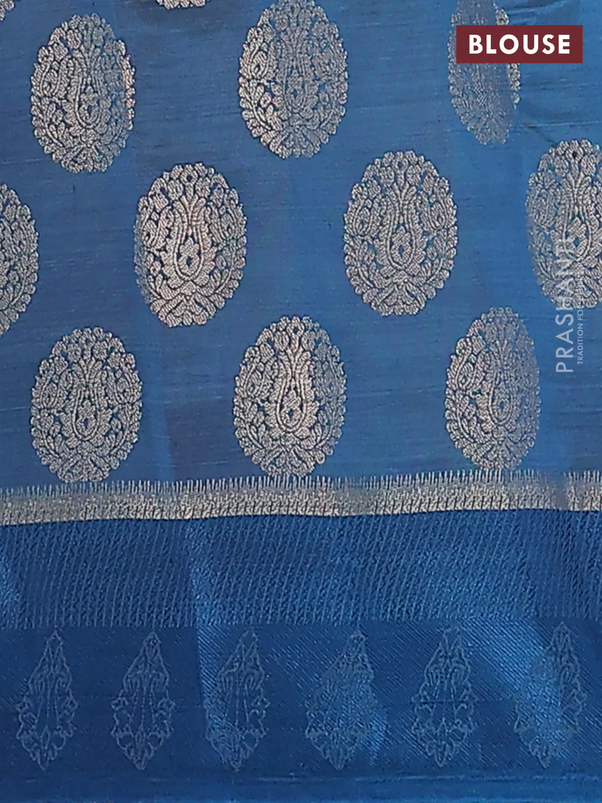 Semi raw silk saree peacock blue with zari woven buttas and zari woven simple border - Image 4