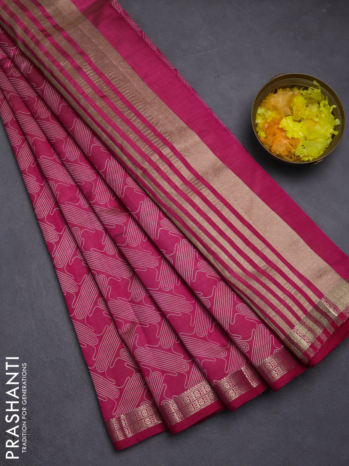 Semi raw silk saree pink with allover geometric prints and zari woven border