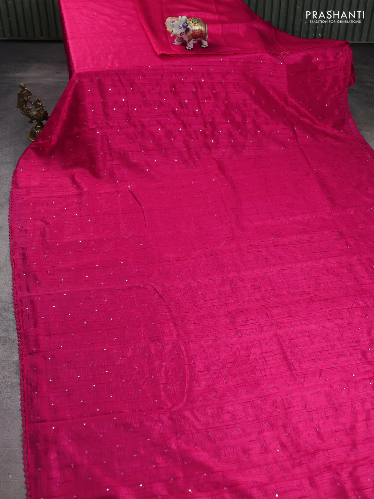 Semi raw silk saree pink with allover mirror work and lace work border - Image 2