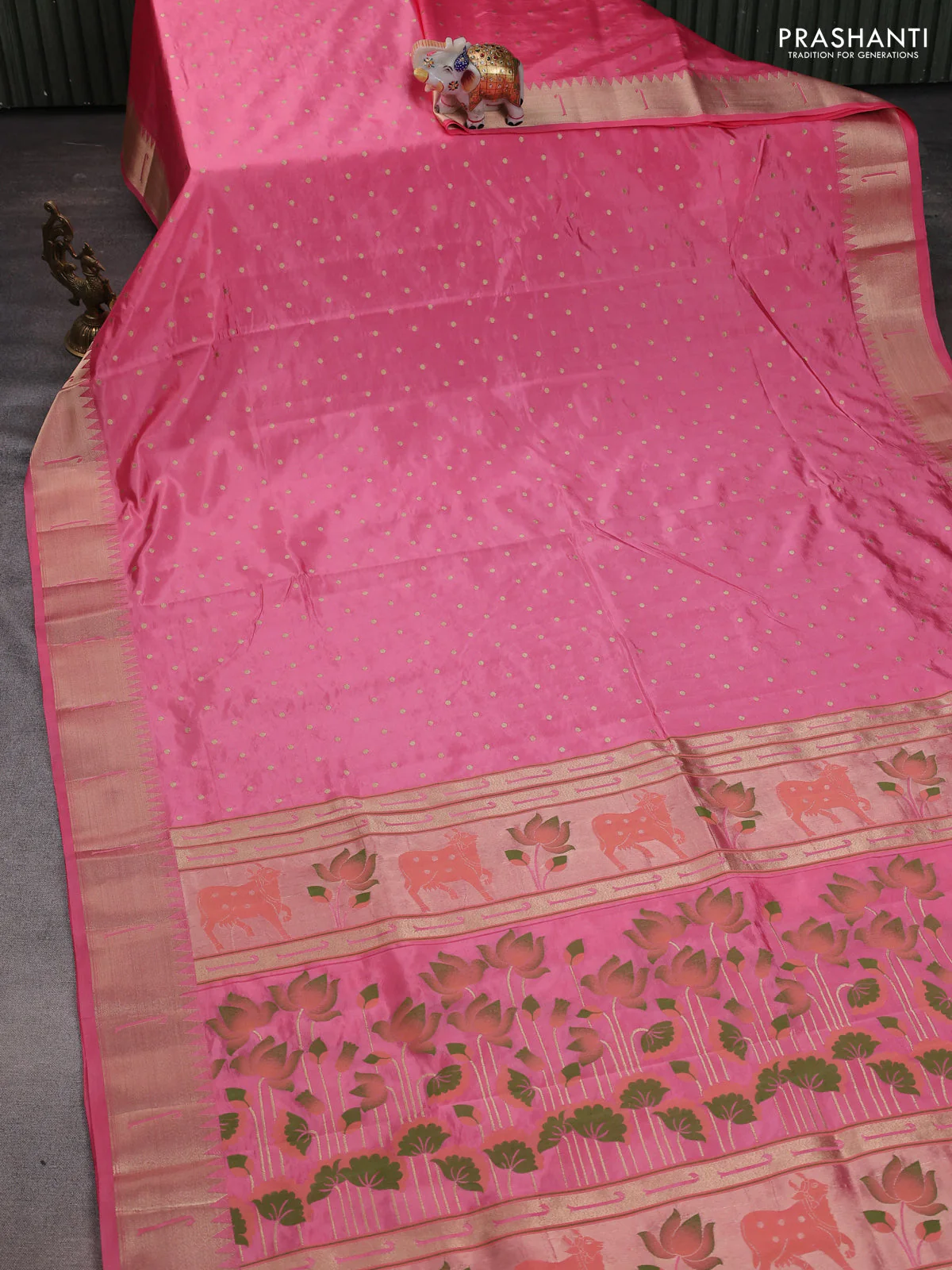 Semi raw silk saree pink with allover zari woven buttas and pichwai design pallu - Image 2