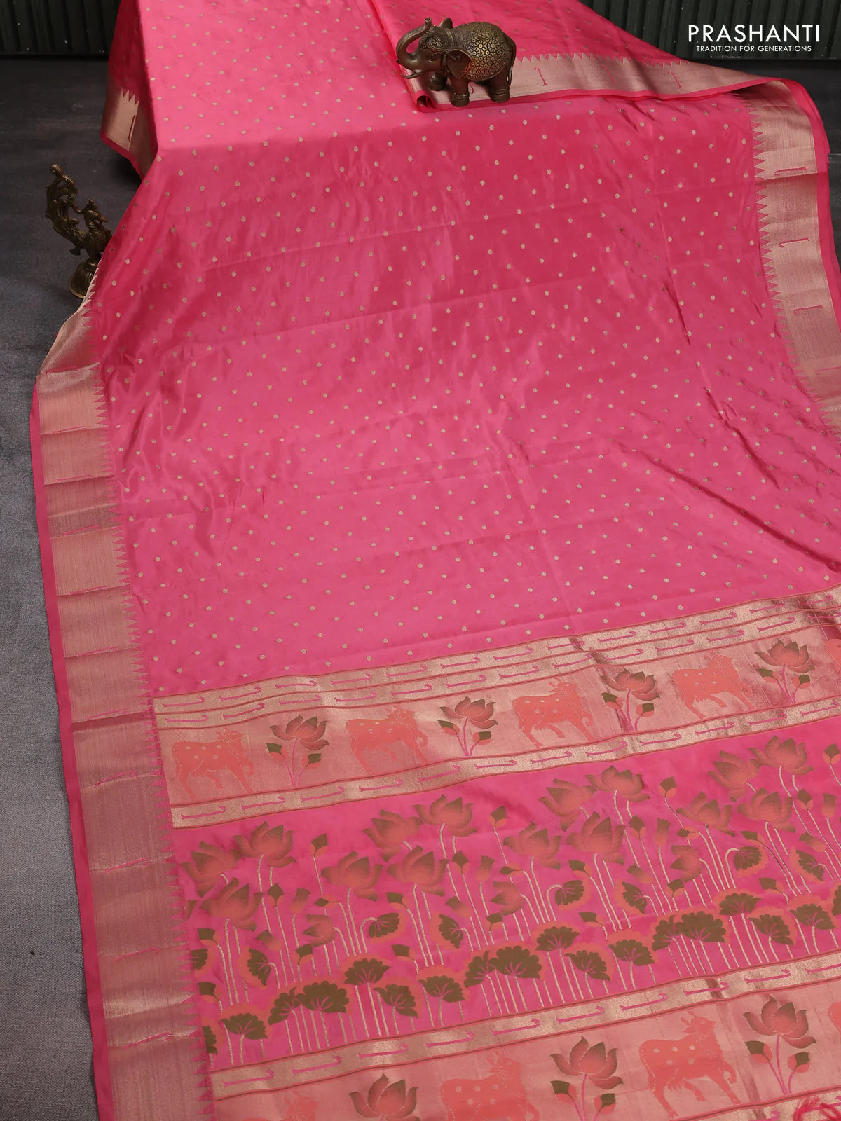 Semi raw silk saree pink with allover zari woven buttas and pichwai design pallu - Image 2