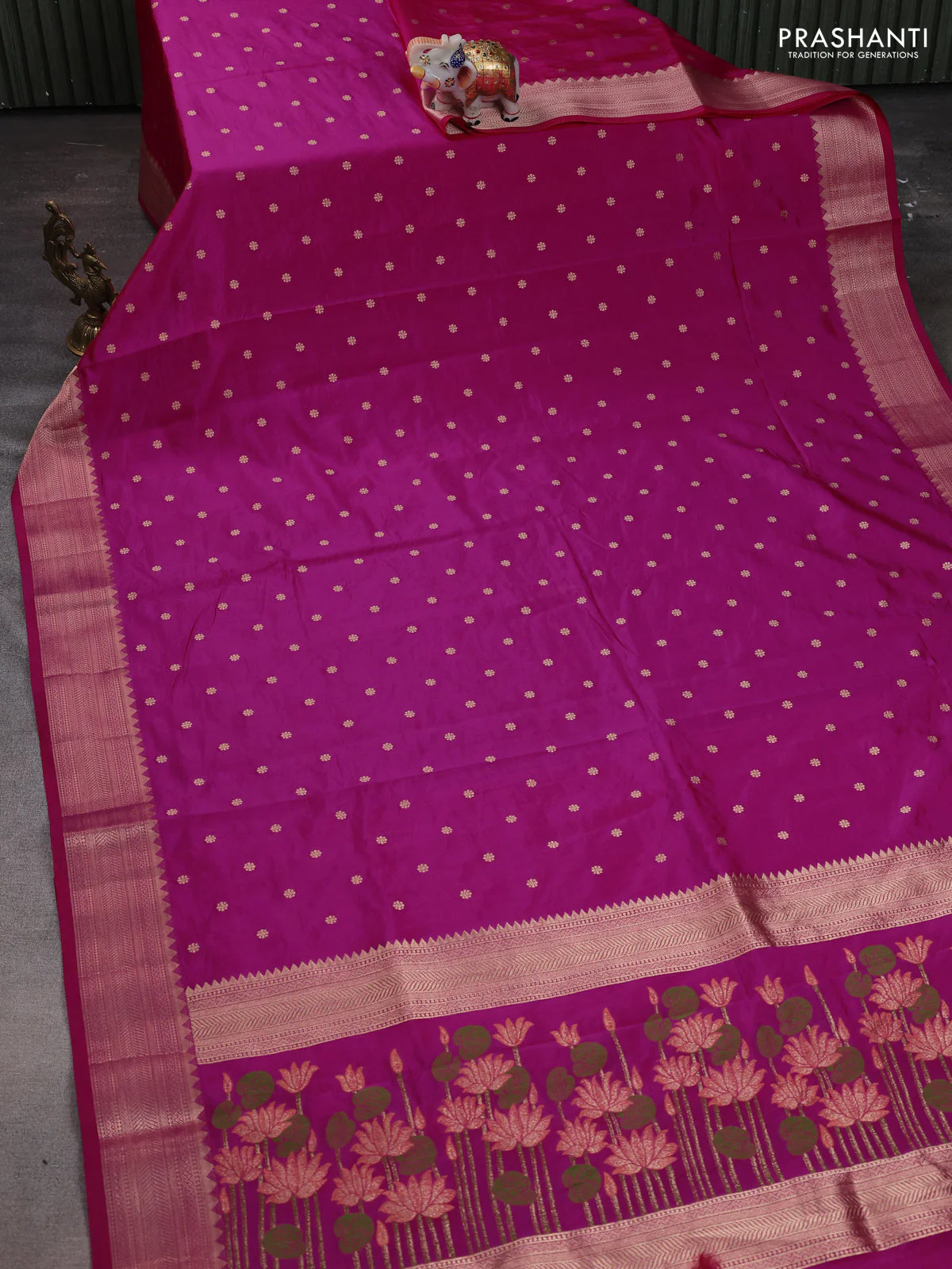 Semi raw silk saree pink with allover zari woven buttas and zari woven border - Image 2