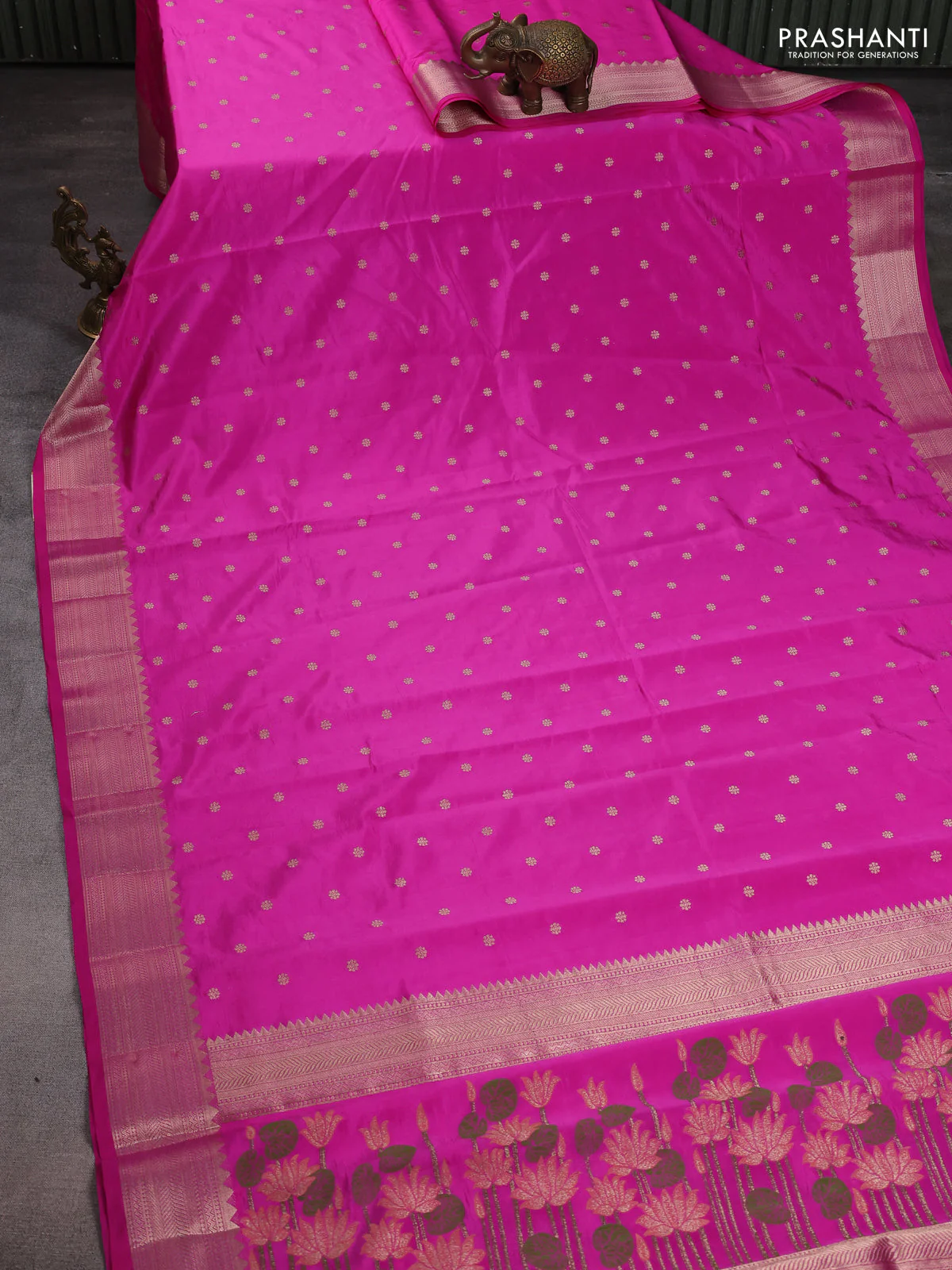 Semi raw silk saree pink with allover zari woven buttas and zari woven border - Image 2