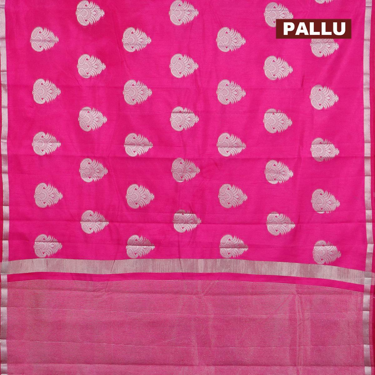Semi raw silk saree pink with silver zari woven buttas and small zari woven border - Image 3