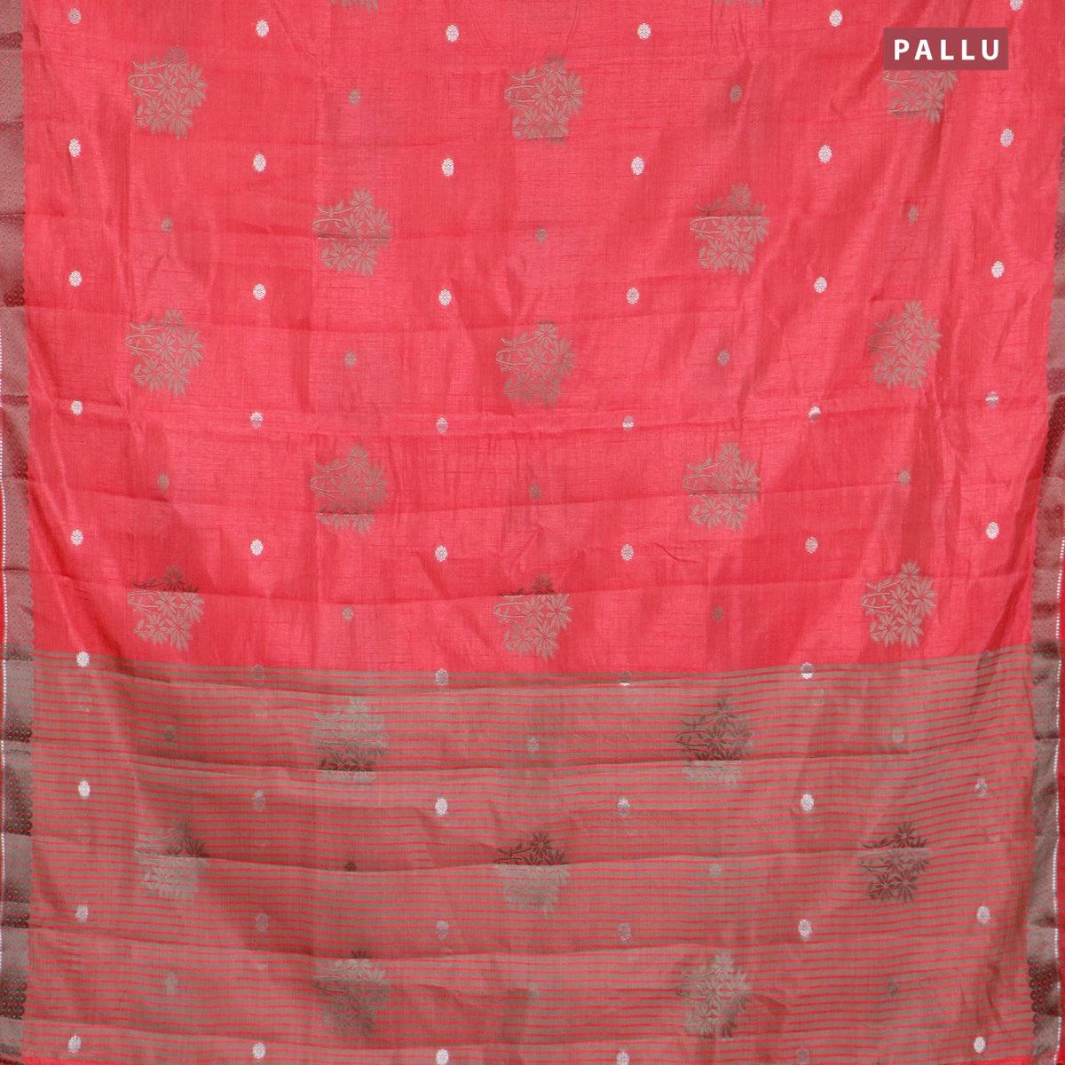 Semi raw silk saree pink with thread & silver zari woven buttas and woven border - Image 3