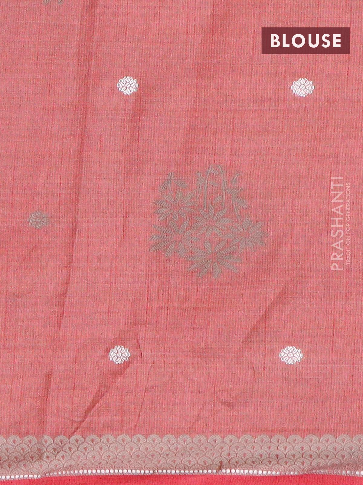 Semi raw silk saree pink with thread & silver zari woven buttas and woven border - Image 4