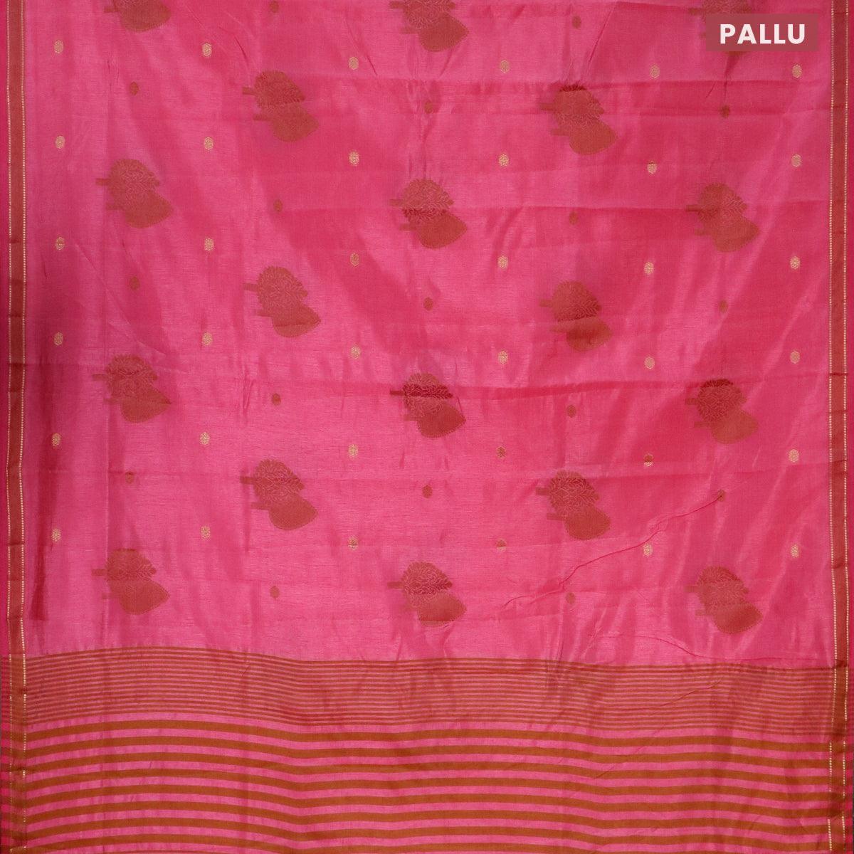 Semi raw silk saree pink with thread & zari woven buttas and small zari woven border - Image 3