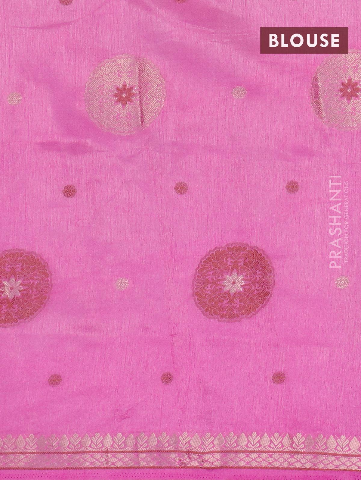 Semi raw silk saree pink with thread & zari woven buttas and zari woven border - Image 4