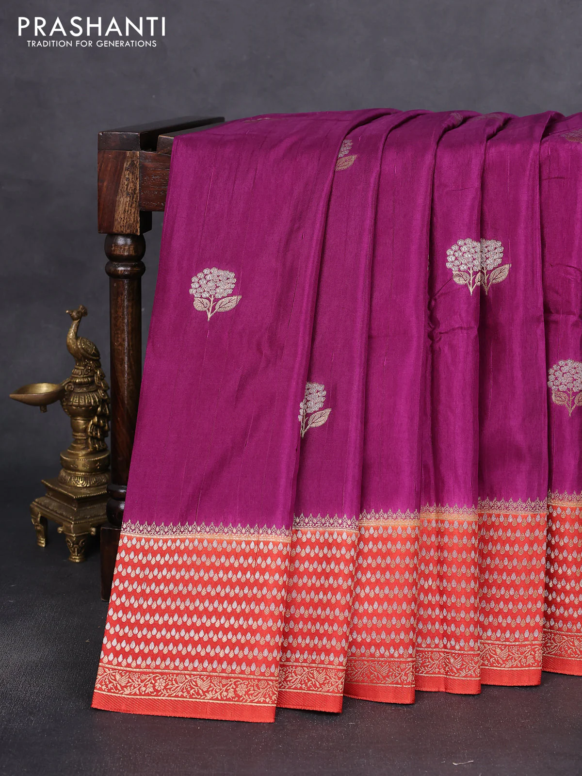 Semi raw silk saree purple and orange with silver & gold flower zari woven buttas and zari woven border