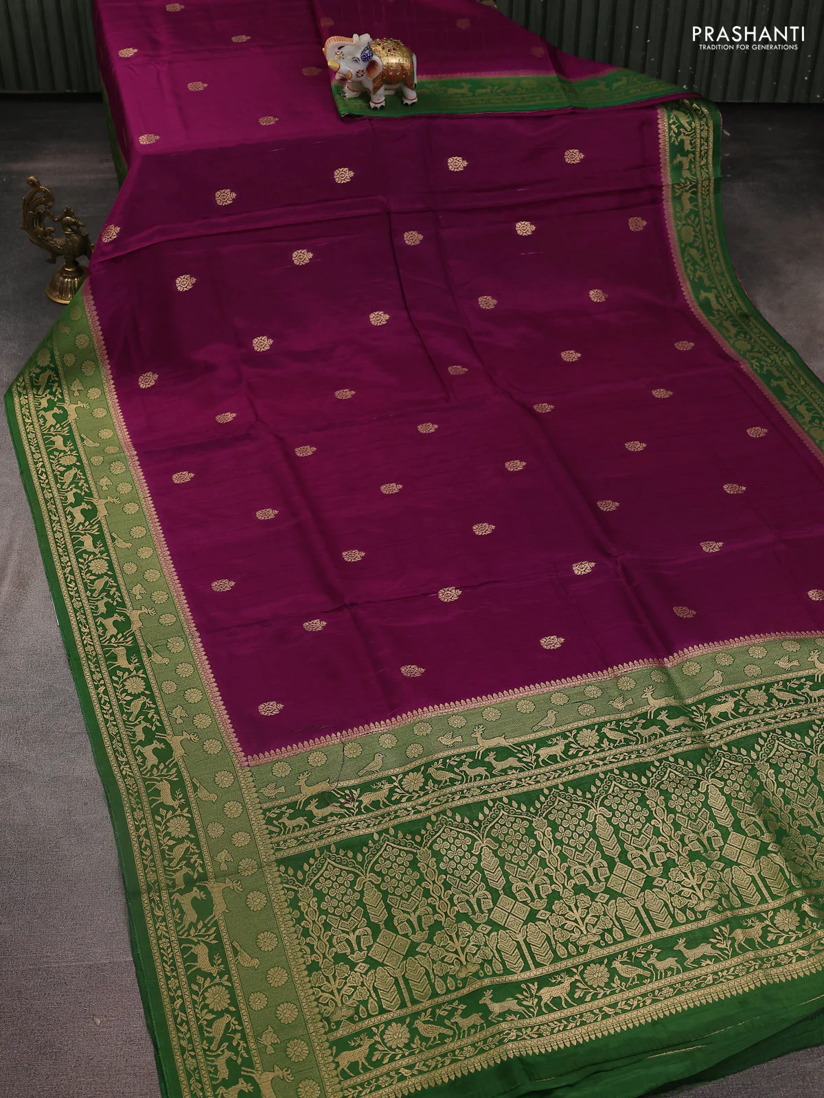 Semi raw silk saree purple and sap green with zari woven buttas and zari woven border - Image 2