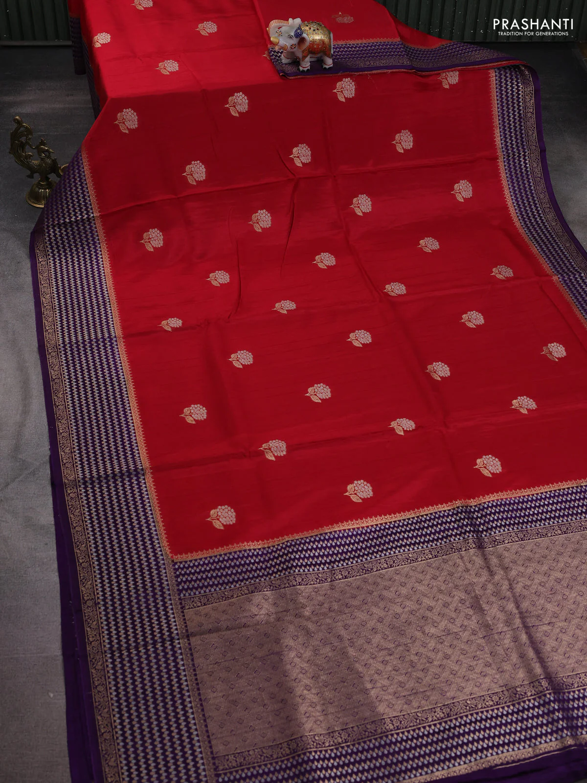 Semi raw silk saree red and violet with silver & gold flower zari woven buttas and zari woven border - Image 2